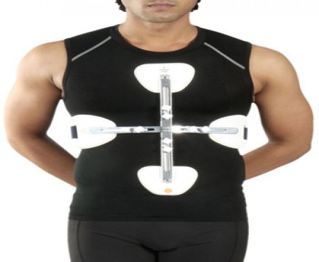 Two light-weight, rigid metal struts (one vertical and another horizontal) attached with each other in the form of plus sign (hyperextension frame) with slits for adjustment of pads. Two lateral pads, one sternal pad, and one pelvic pad (of non-absorbent 
